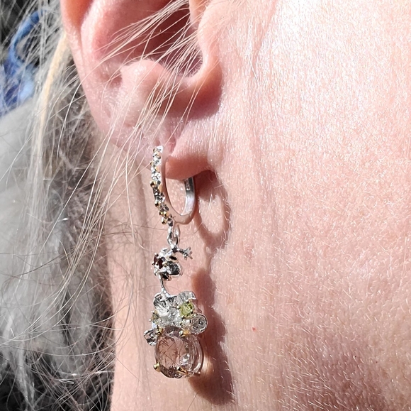 Stunning Rutilated Quartz Peridot Ruby& Sapphire Floral chandelier earrings - Picture 9 of 13